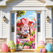 Paashaas deurdecoratie banner, kleurrijke eieren, bloemen, konijnenoren en krans, lente deurdecoratie voor binnen en buiten, feestdecoratie,