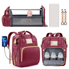 Diaper Bag Backpack, Multifunctional Baby Changing Bag with Foldable Crib, Insulated Bottle Pocket, USB Port & Stroller Strap (Red)
