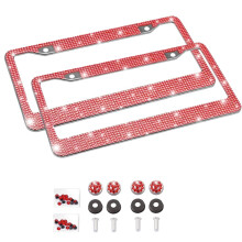 Bling License Plate Frame for Women, 2 Pack Rhinestone License Plate Holder, Rust-Proof License Plate Cover, Stainless Steel, Red