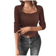 Pulls pour femmes, col rond, coupe courte, en maille douce, couleur unie, manches longues (café, XL)