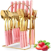 ACDANC 24-Pc Gold/Silver Flatware Set for 6, Stainless Steel with Pink Handles & Holder
