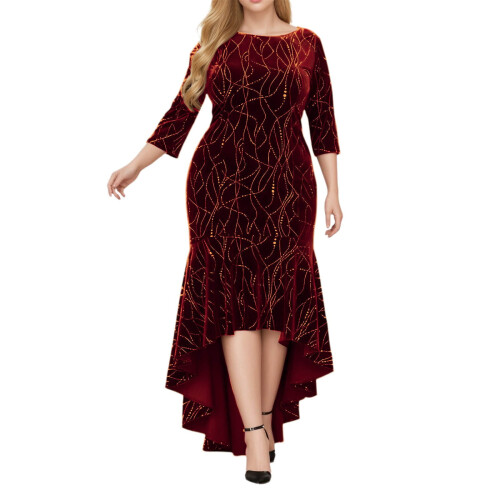 Elegantes rotes Samt-Maxikleid für Damen, Herbst/Winter