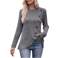 Blusas de manga larga de poliéster para mujer, cuello redondo, color liso, blusas elegantes, blusas casuales de manga larga.