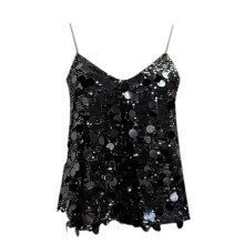 Camiseta sin mangas para mujer, top de lentejuelas, chaleco brillante sin mangas, color liso, camisola brillante, conjunto casual de moda de verano