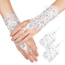 Elegantes guantes de novia con encaje y pedrería para boda, malla blanca.