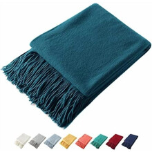 Decorative Knitted Throw with Fringe, Lightweight Acrylic Knit Blanket, Soft & Cozy Tassel Blanket for Couch, Sofa, Bed (Turquoise, 50 x 60 Inch)