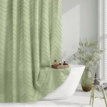 Grønt Boho Vævet Stof Tuftet Chervon Tekstureret Moderne Minimalistisk Neutral Stribet Vandtæt Bruseforhæng 72x72 Tommer