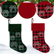 Meia de Natal para animais de estimação, xadrez vermelho com estampa de pata.