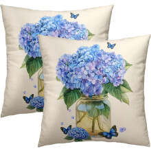 Ensemble de 2 taies d'oreiller carrées 45 x 45 cm à motif hortensias bleus – Décoration florale printanière bleue pour salon, lit, canapé,