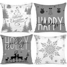 Fodere per cuscini natalizie 45x45 cm, set da 4, con motivo rustico di agrifoglio e fiocchi di neve, colore grigio, compatibili con cuscini standard.
