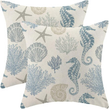 Housses de coussin côtières 40 x 40 cm (16 x 16 po) - Lot de 2 - Motif hippocampe et océan - Turquoise et bleu marine - Décoration nautique et de