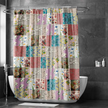 Rideau de douche bohème patchwork à motifs cachemire et fleurs – 175 x 178 cm, style champêtre vintage