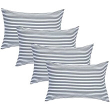 Ensemble de 4 taies d'oreiller rayées 100 % coton naturel, format Queen, blanc et bleu foncé, fermeture portefeuille (coussins non inclus)