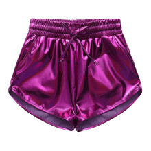 Shorts infantis brilhantes de cor sólida com cintura elástica e cordão para prática de dança e esportes.