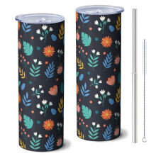 Gobelet isotherme Pioneer Flower Floral 590 ml avec paille et couvercle, double paroi isolée sous vide, étanche, compatible avec les