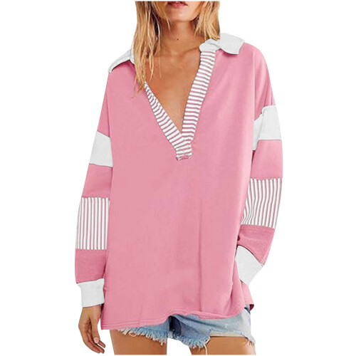 Γυναικείο ριγέ oversized φούτερ lulshou με χρωματικό μπλοκ V λαιμόκοψη, μακρυμάνικο, casual,