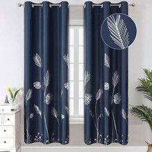 Blackout Curtains Navy Blue Silver Palm Design 38x72 Inch 2