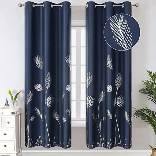 Blackout Curtains Navy Blue Silver Palm Design 38x72 Inch 2