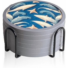 Absorberende siliconen onderzetters met houder (6 stuks), 10 cm onderzetters + 11,5 cm houder, dubbelzijdig oceaanpatroon, zachte vilten inleg