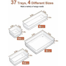Ensemble de 37 pièces de rangement transparent pour tiroirs avec patins antidérapants, 4 tailles pour maquillage, bijoux, ustensiles – Compatible