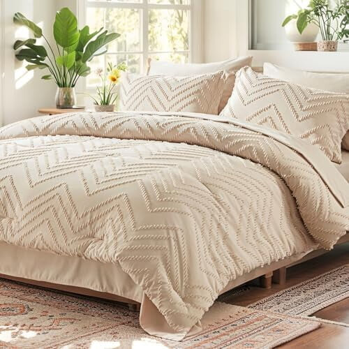 Queen Beige Tufted Comforter Set 7-Piece