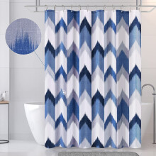 Moderne blåt og hvidt geometrisk bruseforhængssæt (72x72") med kroge, vandafvisende, sildebensstribet — Kompatibel med standardstænger