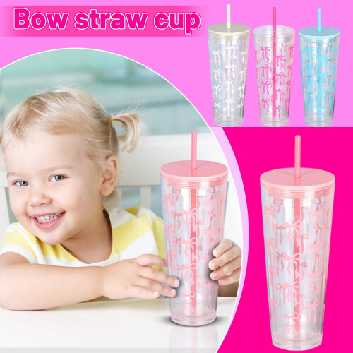 Bicchiere termico in plastica rosa da 710 ml con fiocco, coperchio e cannuccia