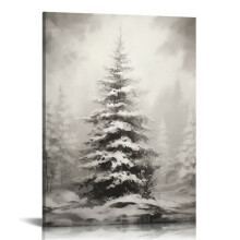 Quadro decorativo vintage de Natal com pinheiro em tela, pôster botânico de floresta de inverno, decoração de fazenda com cena de neve.