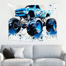 Monster Truck Big Wheels Blue Paint Splatters Wall Hanging Tapestry 100% Polyester Decorations for Dorm Bedroom Living Room 40x30in