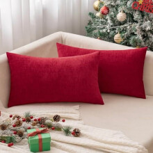 Lot de 2 housses de coussin décoratives rouges de Noël pour canapé, 30 x 50 cm, en chenille douce, pour canapé et salon, teinte unie.
