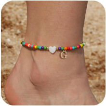 Women's waterproof boho anklet with initial charm,