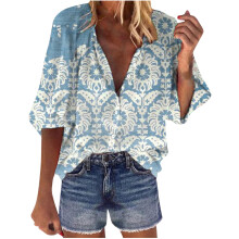 Blomsterprint 3/4-ærmede toppe til kvinder Sommer Elegant V-hals Dame Langærmede Toppe Elegant Casual
