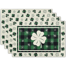 Platzsets mit Kleeblattmotiv, 4er-Set, 30 x 45 cm, waschbares Leinen, Kleeblatt- und Büffelkaromuster, Dekoration für St. Patrick's Day und Picknick
