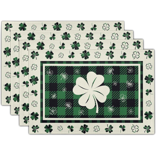 Σετ σουπλά Lucky Clover 4 τεμαχίων, 12x18", πλενόμενο λινό, καρό τριφύλλι και βουβαλίσιο,