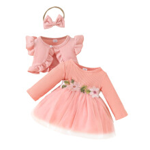 Ediodpoh Kinder-Freizeitset für Kleinkinder, Mädchen, Langarmkleid mit Blumenmuster, Rüschenmantel, Oberteil, Stirnband, Outfit, Mädchen-Outfit,