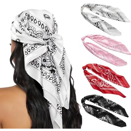 Conjunto de 4 lenços de cabeça femininos de 35 polegadas em cetim semelhante à seda, lenços de pescoço, bandanas quadradas para cabelo e para