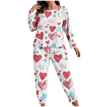Pyjamaset (2-delig) voor dames met ronde hals en lange mouwen, loungewear met hartjesprint, zachte loungewear, maat XL-5XL