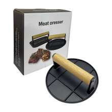 Grill Miotail Babhta Humburger 6.3in le Láimhseáil Adhmaid Teasa le haghaidh BBQ, Gabhálas Stéig Feola Humburger le haghaidh Barr Cothrom