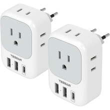 2-Pack EU Plug Adapter w/ 4 Outlets & 3 USB Ports, Compatible with Italy, Spain, France, Portugal, Iceland, Germany – Gray/White