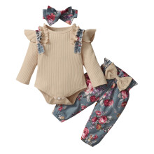 Babyklær for jenter, lange ermer med volanger og blomstertrykk, 3 stk. babyutstyr
