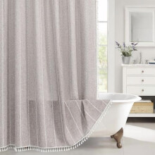 Rideau de douche extra long style bohème (183 x 244 cm), en polyester gris taupe texturé lin avec pompons et crochets – Compatible avec les