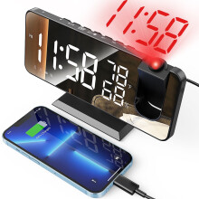 Projection Alarm Clock for Bedroom – 7.3" LED, USB Charging, Dual Alarm, Temp/Humidity, Dimmable, Snooze (Black)