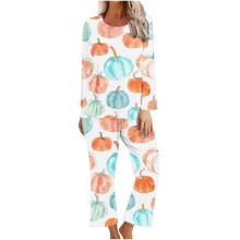 Damespyjamaset met ronde hals en Halloweenprint, top met lange mouwen en broek, stijlvolle loungewear voor de herfst, maat S-2XL