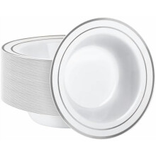 Lot de 50 bols en plastique à bord argenté, bols à soupe jetables de 35 cl (12 oz) pour mariages, fêtes, dîners, traiteurs et usage quotidien