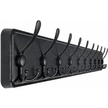 Wall-Mounted Wooden Coat Rack – 38.3", Rustic Heavy-Duty, 10 Triple Hooks, 16" Hole-to-Hole, Compatible with Standard Walls (Black)