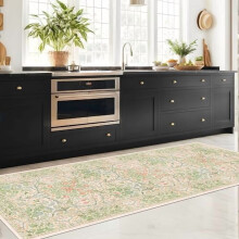 Tapis d'intérieur vintage beige et vert 76 x 244 cm – Cuisine, couloir, salle de bain, buanderie ; lavable, envers antidérapant en caoutchouc,