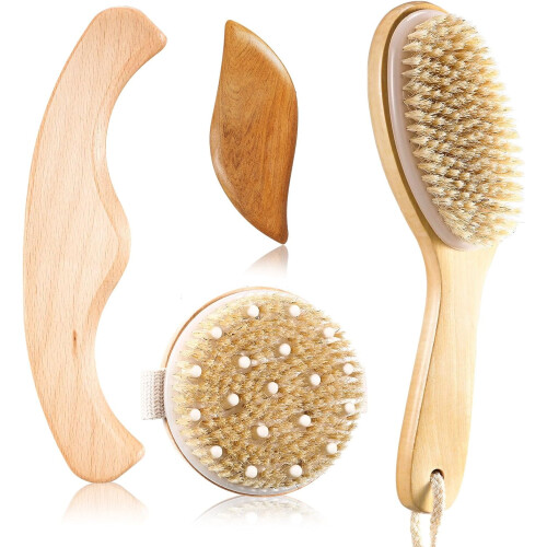 Set de 4 pensule vegane uscate și Gua Sha din lemn