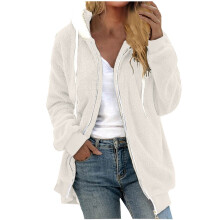 Plus size dame vinterfrakke i fleece, jakke med lynlås og hætte i kunstpels, let sweatshirt med lange ærmer, beige XXL