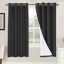 100% Blackout Thermal Insulated Linen Curtains, Heat & Light Blocking, 2 Panels, Black, 52x72 Inch