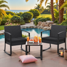 3 Pieces Outdoor Rocking Chairs, PE Rattan Chairs with Cushions and Coffee Table Conversation Set